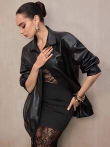 Modelyn 2pcs Women Elegant Leather Jacket + Lace Midi Skirt Set, Autumn - Black - View 1