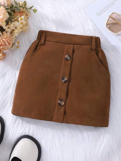 Genkimix Kids 年轻女孩休闲优雅咖啡色 PU 皮革迷你裙，适合日常、外出和度假