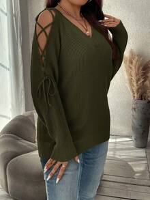 SHEIN Clasi Suéter de manga raglán con cordón para mujer de talla grande para otoño/invierno - Verde militar - Ver 3