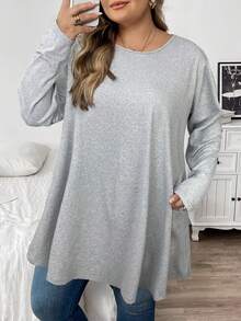 SHEIN CURVE+ 秋季大码纯色休闲长袖T恤 - 灰色 - 查看 4