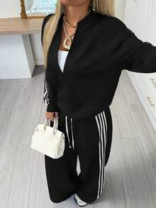 SHEIN EZwear 女款寬鬆側條紋印花拉鍊長袖上衣與抽繩腰長褲套裝，黑色兩件套，舒適休閒居家套裝 - 黑色 - 查看 4