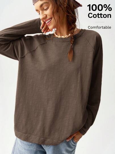 Bohemela Plus Size Casual Solid Color Round Neck Raglan Sleeve T-Shirt, Autumn
