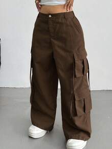 SHEIN Tall CURVE 秋季大码休闲纯色宽松翻口袋工装裤 - 咖啡棕 - View 5