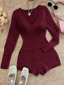Soleia 秋冬女士纯色V领长袖简约休闲毛衣连体裤 - 酒紅色 - 查看 1