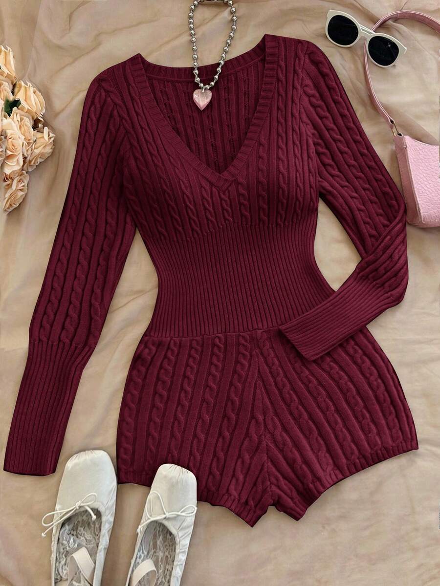 Soleia 秋冬女士纯色V领长袖简约休闲毛衣连体裤 - 酒紅色 - 查看 1