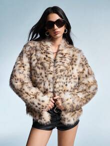 GENKIRA 女士秋冬新款仿皮草豹纹翻领优雅精致百搭仿皮草夹克 - 彩色 - 查看 6