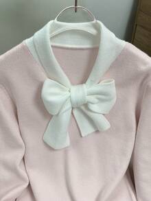 Franclia 时尚、优雅、复古、简约、百搭、保守的秋冬女士毛衣，适合外出、派对、节日、圣诞节、商务休闲、学院、聚会，长袖，领结领，粉色撞色，白色蝴蝶结 - 淺粉色 - 查看 3