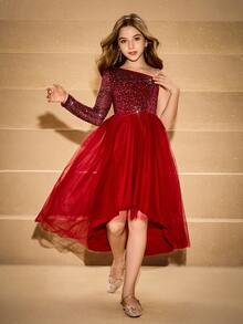 Tween Mädchen-Kleid im eleganten, klassischen Stil, Burgund & Metallic Silber Folie, Langarm, tailliert, luxuriöse doppellagige, weiche Tüll Volant Kleid, Abendkleid - Bordeaux - Übersicht 4