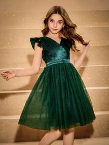 女孩优雅奢华圣诞绿色 V 领连衣裙，搭配分层薄纱和蝴蝶结后背，适合晚会、婚礼、舞会、万圣节、感恩节、毕业典礼 - 墨綠色 - 查看 7