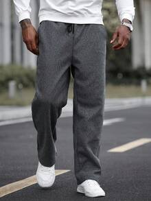 Manfinity CasualCool 男士休闲直筒裤，INS风，羊毛面料，日常百搭，送给男友/老公的必备礼物，男士休闲装，Y2K男士宽松直筒休闲裤，街头风，冬季 - 深灰色 - 查看 3