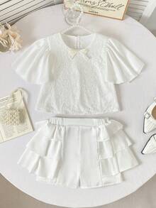 SHEIN 女童荷叶袖蕾丝蝴蝶结衬衫和荷叶边裤子两件套 - 白色 - 查看 1