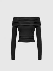 ROMWE 1 Set Off-Shoulder Bodysuit & High-Waisted Flared Yoga Pants - Black - View 3