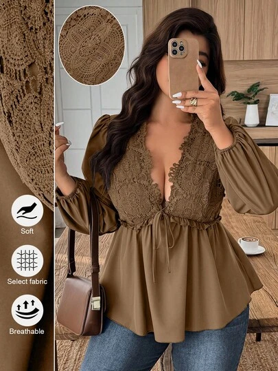 EMERY ROSE Blusa de moda sexy con cuello en V profundo, mangas farol y lazo delantero de encaje para mujer de talla grande