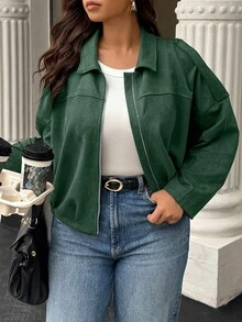 Easura Plus Size Women's Solid Color Drop Shoulder Long Sleeve Zip-Up Casual Fleece Jacket, Autumn/Winter