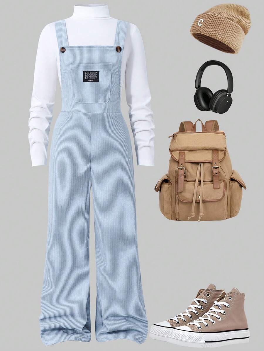 SHEIN Sparklyn 秋冬款青少年女孩休闲T恤和连体裤套装 - 淺藍色 - 查看 1