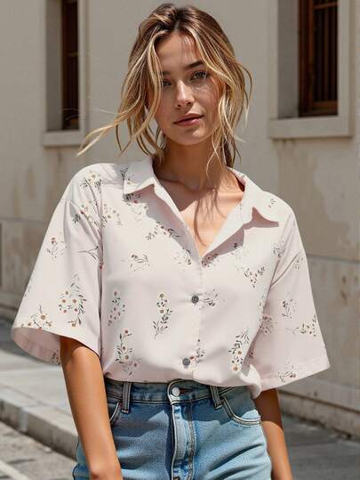 全新 小花卉印花 优雅时尚休闲短袖衬衫 大码女式