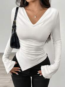 Airlisse Asymmetric Hem Asymmetrical Neck Knit T-Shirt Fall Cloth For Women - White - View 2