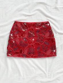 Soleia WYWH 度假浪漫派对复古西式橙色闪光刺绣低腰高开衩迷你裙女士 - 紅色 - 查看 2