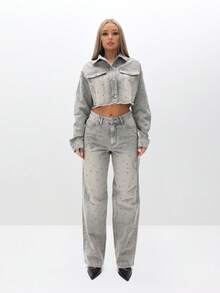 BABYPHAT Embellished Oversized Cropped Denim Jacket With Metal Studs And Raw Hem Detail For Women - Brown - View 6