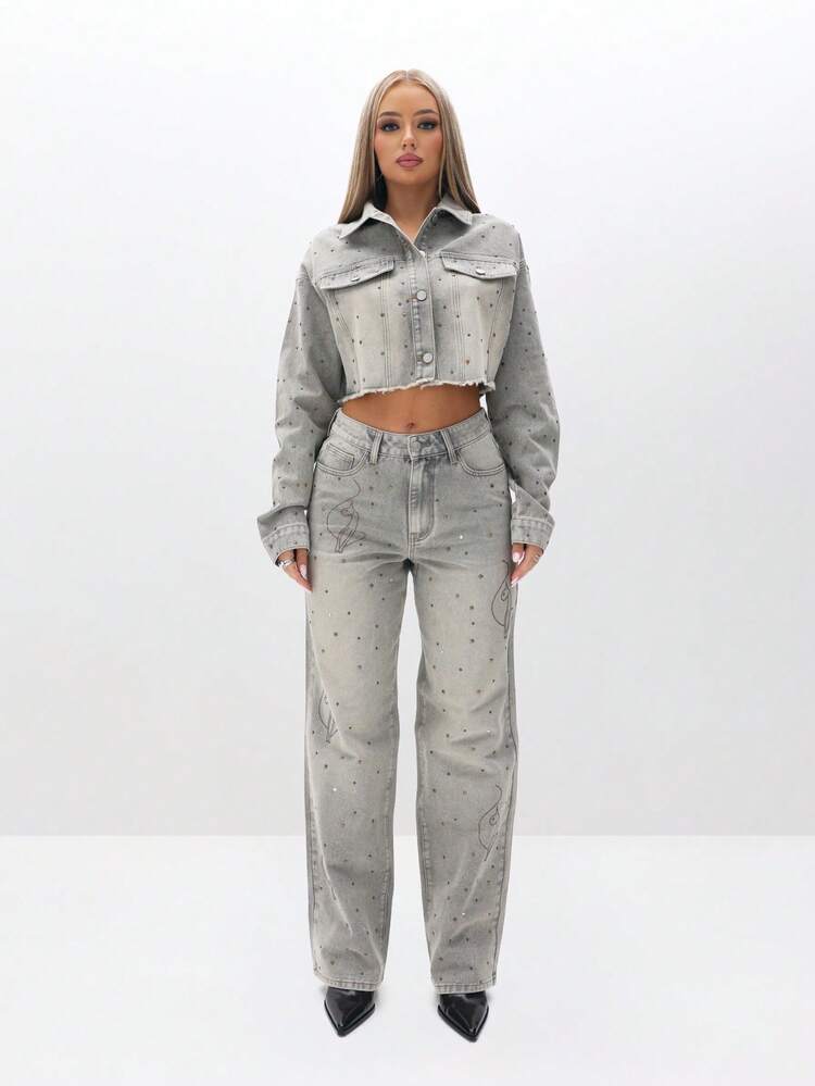 BABYPHAT 女性用 装飾付き オーバーサイズ クロップド デニムジャケット メタルスタッズ&ラフヘム仕様