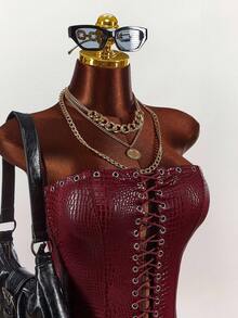 Amplova طقم ملابس علوية كورسيه بنمط جلد التمساح الصناعي وتنورة ضيقة فرائية قصيرة، مثير مكون من قطعتين للنساء - احمر خشبي - مشاهدة 5