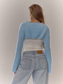 MUSERA Knit Tie Neck Flare Split Sleeve Bolero Everyday Cosy Winter - Baby Blue - View 2