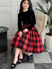 Vestido a cuadros negro y rojo para adolescentes, diseño elegante y sencillo, vestido corto de manga larga con cuello de terciopelo negro, adecuado para la escuela, vacaciones o fiestas en otoño/invierno; Vestido de manga larga a cuadros rojos y negros con cintura ajustada y falda en línea A, atuendo para fiesta de Navidad - Multicolor - Ver 4