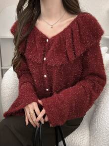 FRIFUL Damen Herbst/Winter Rüschen Patchwork Langarm modischer gestrickter Cardigan - Rot - Übersicht 2