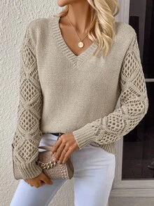 SHEIN Clasi Suéter holgado de manga larga con cuello en V y diseño hueco, de unicolor, versátil y casual, talla grande - Albaricoque - Ver 7