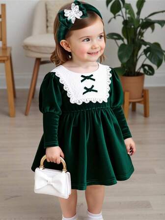 Souflis Souflis Baby Girls' Floral Ruffle Bow Puff Sleeve Velvet Dress With Headband, Cute, Elegant For Everyday, Vacation, Casual Wear