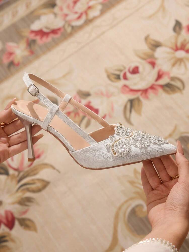 CUCCOO TILAWA Women's Fashion Pointed Toe Metal Embossed Rhinestone Crown Flower Formal Party Wedding Stiletto High Heel Pumps