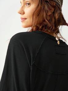 Bohemela Camiseta de manga raglán de cuello redondo de unicolor casual y diaria, talla grande, otoño - Negro - Ver 9