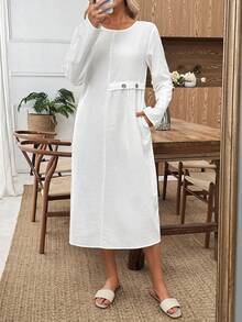 EMERY ROSE 女式纯色圆领长袖侧扣设计休闲中长连衣裙 - 白色 - 查看 2
