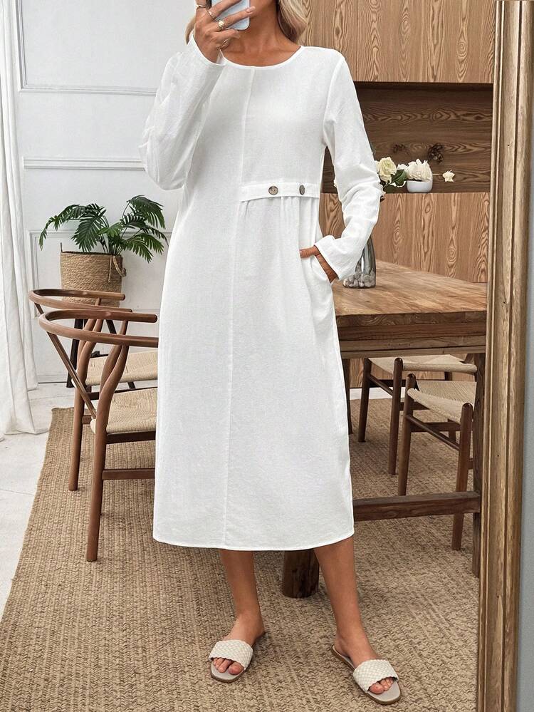 Women's Solid Color Round Neck Long Sleeve Side Button Design Casual Mid-Length Dress Women Dresses Autumn Winter  One-Piece Dress Ladies Autumn Winter Cozy Fall And Winter Clothes For Women