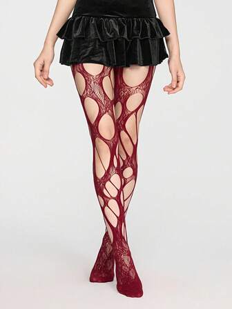 Grunge Punk 1 Pair Sexy Fishnet Stockings With Asymmetrical Hollow-Out Design, Stretchy And Sheer Burgundy Jacquard Suspender Tights