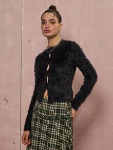 COUREZ Long Sleeve Eyelash Knit Cardigan /Y2K Fall Winter Clothes For Women Going Out Tops New Year Winter Tops Fluffy Sweater Cozy Fall Outifts Women Cute Outfits New Year Outfits