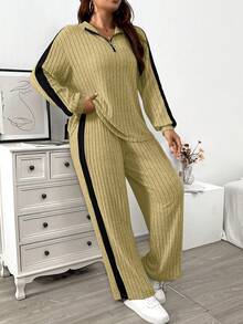 EMERY ROSE Plus Size Black Autumn Casual Curve Loungewear Zip Collar Soft Knit Ribbed Side Contrast Splice Lantern Sleeve T-Shirt&Wide Leg Pants 2-Piece Set - Multicolor - View 1