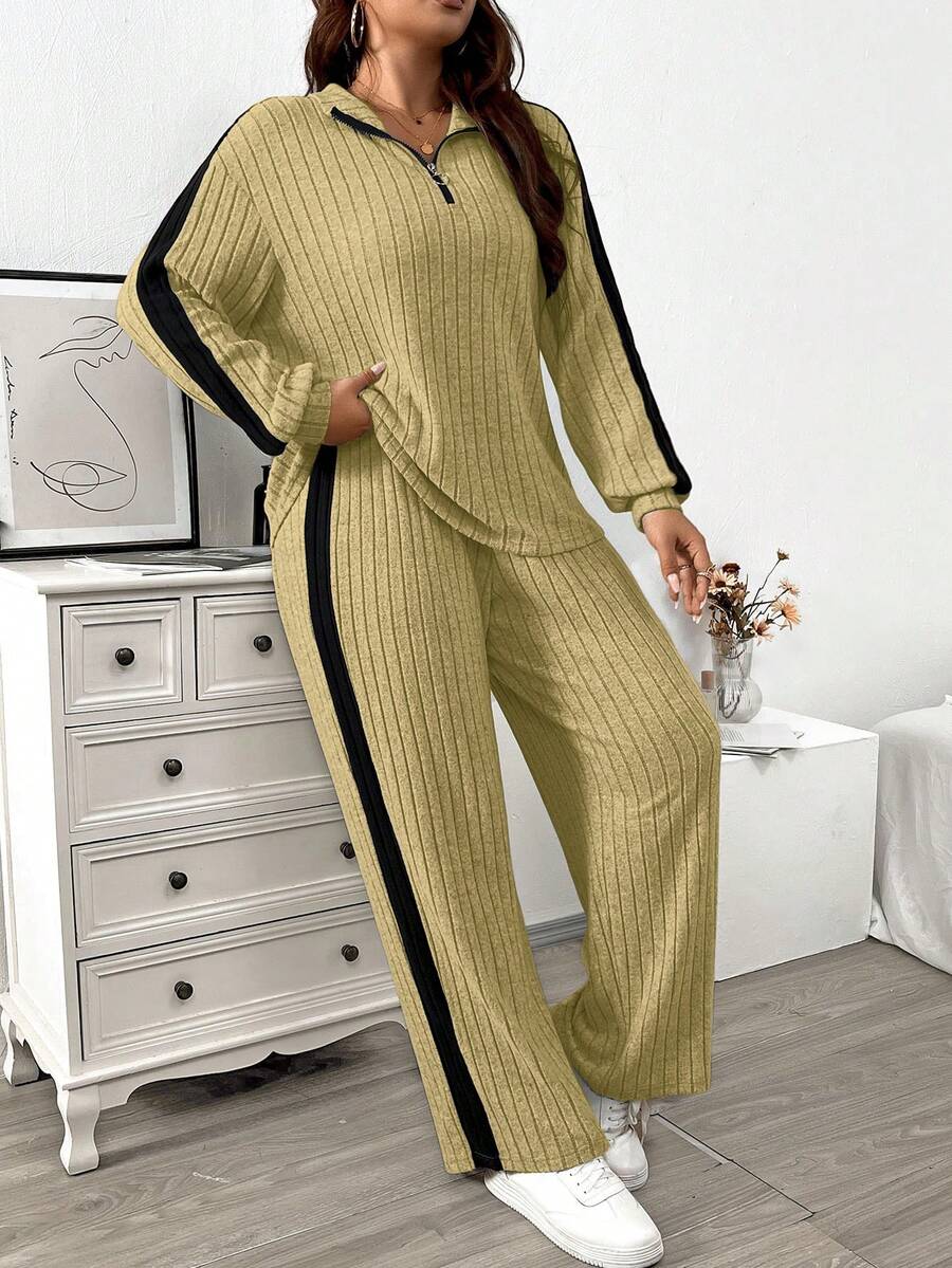 EMERY ROSE Plus Size Black Autumn Casual Curve Loungewear Zip Collar Soft Knit Ribbed Side Contrast Splice Lantern Sleeve T-Shirt&Wide Leg Pants 2-Piece Set - Multicolor - View 1