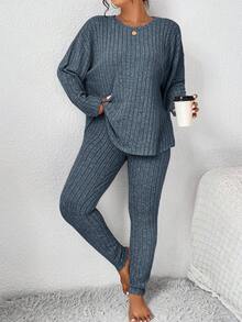 SHEIN Frenchy Plus Size Solid Color Crew Neck Ribbed Long Sleeve Top And Pants Casual 2-Piece Set/Winter - Blue - View 5