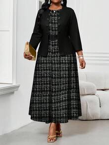 SHEIN Lady New Year Elegant Thanksgiving New Year Black Plus Size Women Elegant Plaid Print Sleeveless Buckle Belted Dress And Jacket 2 Piece Set - Black and White - View 6