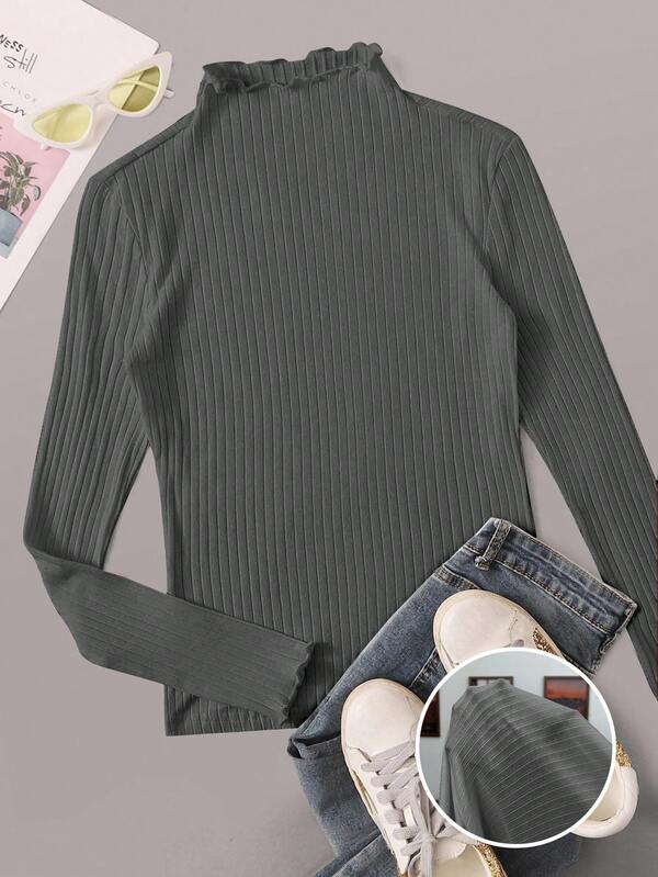 SHEIN EZwear Plus Size Women's Dark Grey Ribbed Knit T-Shirt Ribbed Mock Neck Top Solid Color Tops