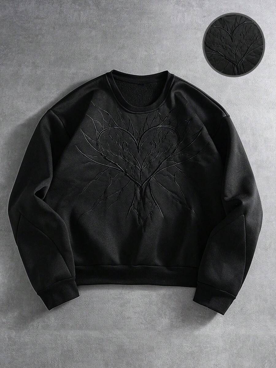 PAVTROS 男士休闲心形刺绣套头衫，男士运动服，运动服，宽松，垃圾摇滚，哥特秋冬 - 黑色 - 查看 1