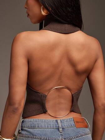 Denimoi High Neck Sleeveless O-Ring Sweater Halter Top, Sweater Top, Backless Top, Turtle Neck Sweater