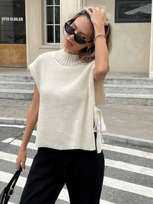 Serisse 女士纯色圆领系带休闲毛衣背心秋冬女装 - 杏色 - 查看 7