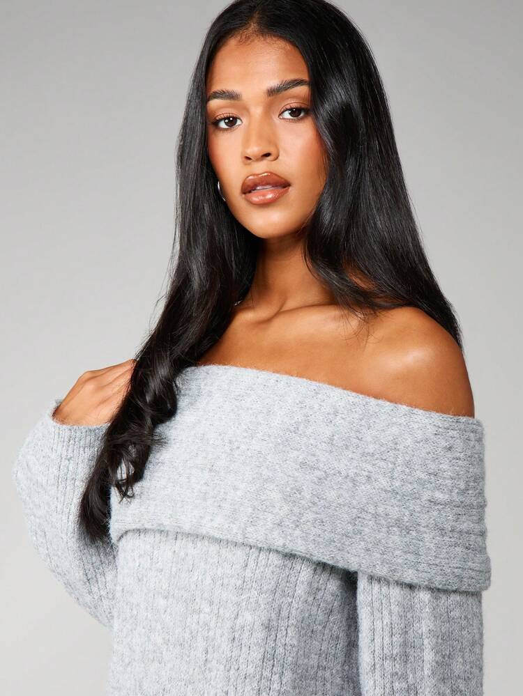 MISSGUIDED Jersey de punto acanalado oversize con hombros descubiertos para mujer, de manga larga, para invierno