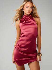 MISSGUIDED Đầm ngắn cổ yếm bằng satin với cổ đổ, thích hợp cho các buổi tiệc tối. - Màu hồng gỉ - Xem 1