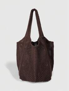 ROMWE Fairycore 1个度假风镂空编织咖啡色女士单肩手提包，大容量，豹纹心形装饰针织包 - 咖色 - 查看 6