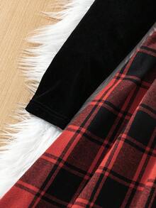 Vestido a cuadros negro y rojo para adolescentes, diseño elegante y sencillo, vestido corto de manga larga con cuello de terciopelo negro, adecuado para la escuela, vacaciones o fiestas en otoño/invierno; Vestido de manga larga a cuadros rojos y negros con cintura ajustada y falda en línea A, atuendo para fiesta de Navidad - Multicolor - Ver 5