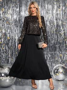 SHEIN Clasi 女士圆领长袖黑色亮片优雅日常、外出、节日派对闪亮蝴蝶结露背上衣，秋冬季 - 黑色 - 查看 7