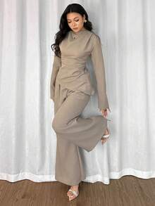 Modelyn Women's Solid Color Long Sleeve Cinched Waist Asymmetrical Hem 2 Pieces Set Two Piece Women Sets Pants Wide Leg Pants Set Modest Two Piece Set 2 Piece Casual Sets Woman Comfortable Two Piece Set